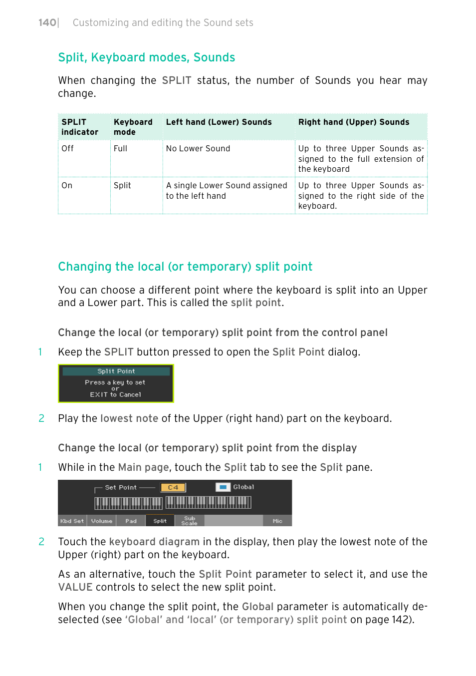 Split, keyboard modes, sounds, Changing the local (or temporary) split point | KORG PA4X 76 User Manual | Page 144 / 1074