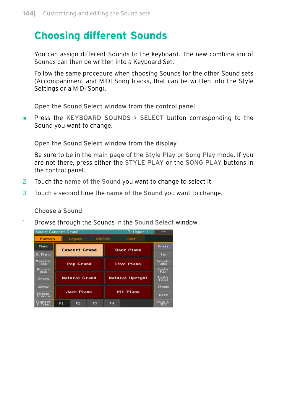 Choosing different sounds | KORG PA4X 76 User Manual | Page 148 / 1074