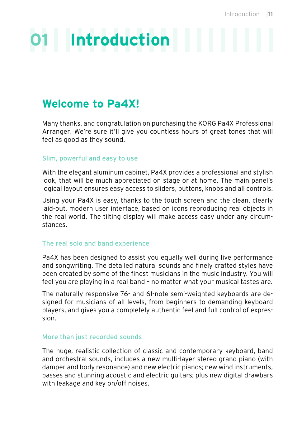 Introduction, Welcome to pa4x, 01 introduction | KORG PA4X 76 User Manual | Page 15 / 1074