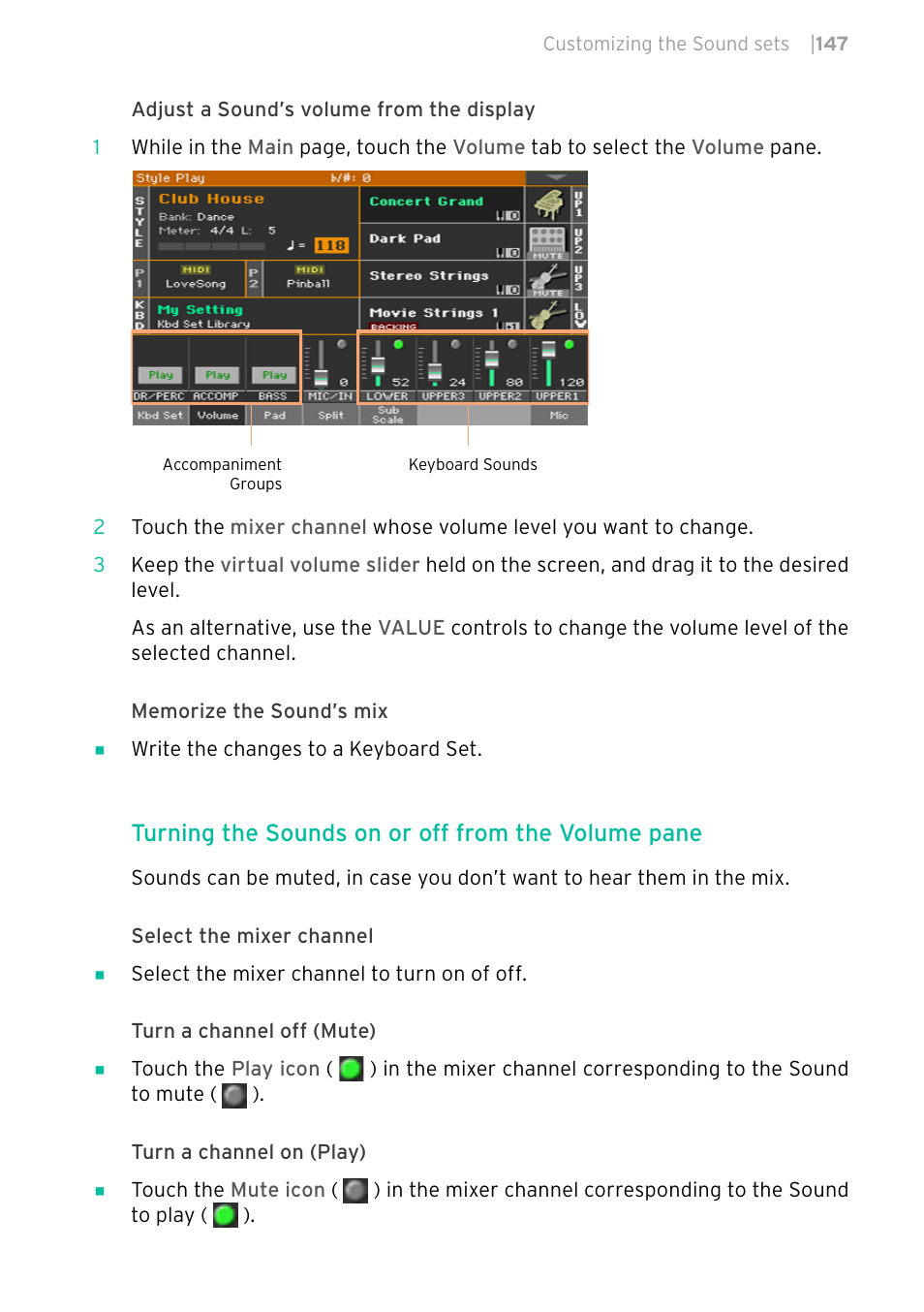 Turning the sounds on or off from the volume pane | KORG PA4X 76 User Manual | Page 151 / 1074