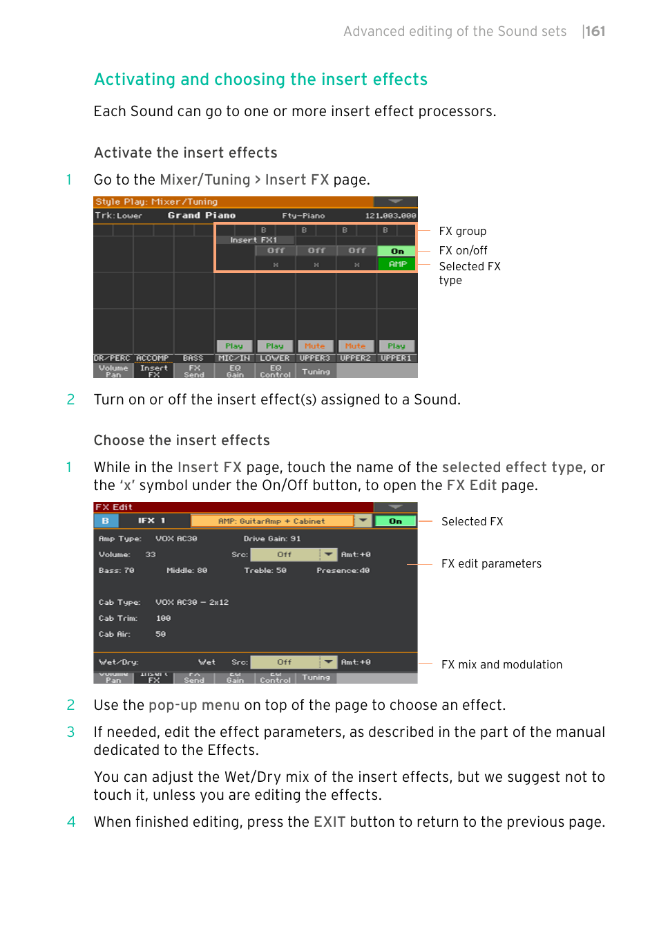 Activating and choosing the insert effects | KORG PA4X 76 User Manual | Page 165 / 1074