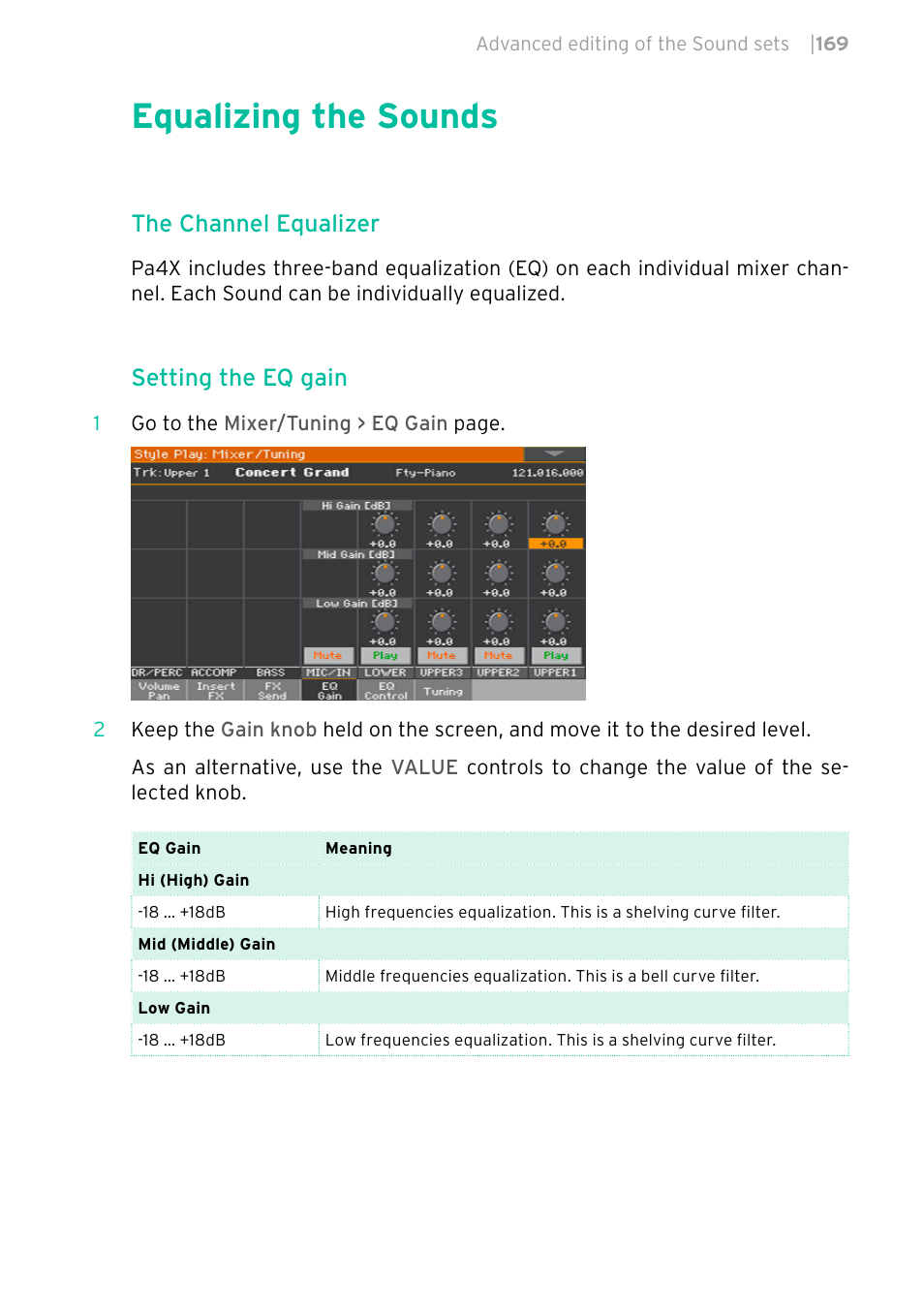 Equalizing the sounds, The channel equalizer, Setting the eq gain | KORG PA4X 76 User Manual | Page 173 / 1074