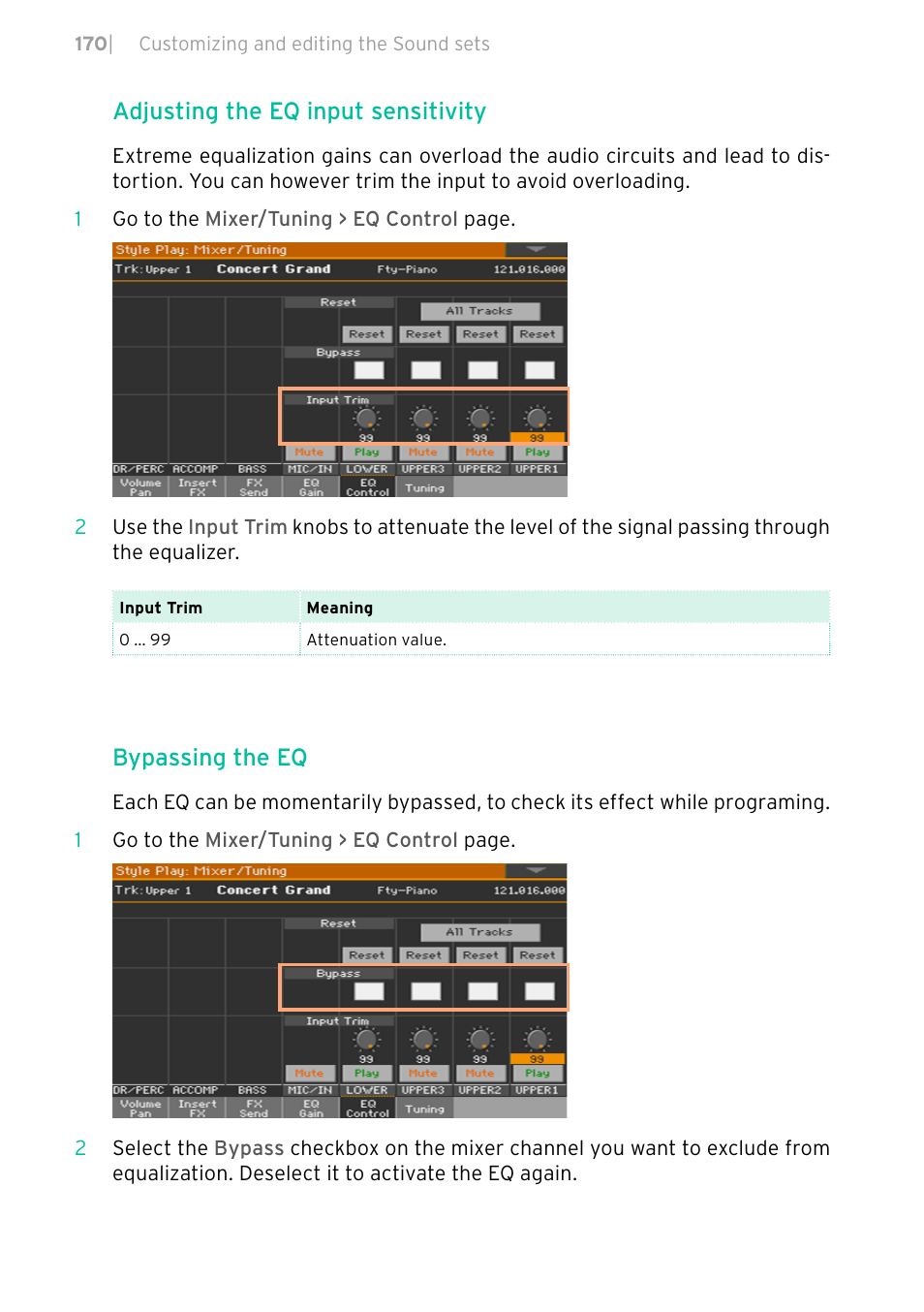 Adjusting the eq input sensitivity, Bypassing the eq | KORG PA4X 76 User Manual | Page 174 / 1074