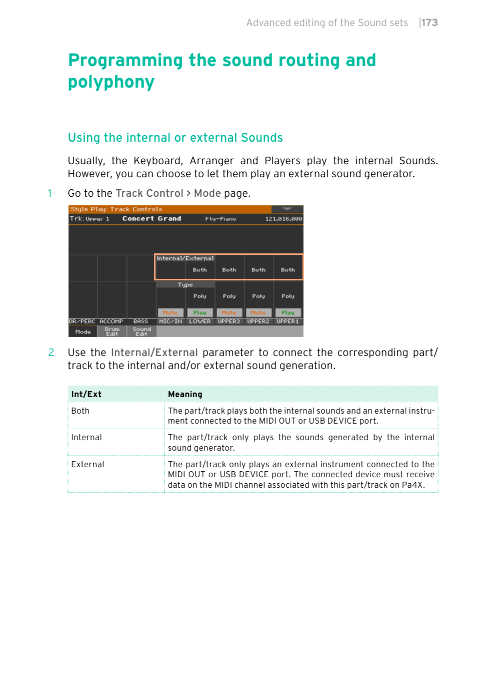 Programming the sound routing and polyphony, Using the internal or external sounds | KORG PA4X 76 User Manual | Page 177 / 1074