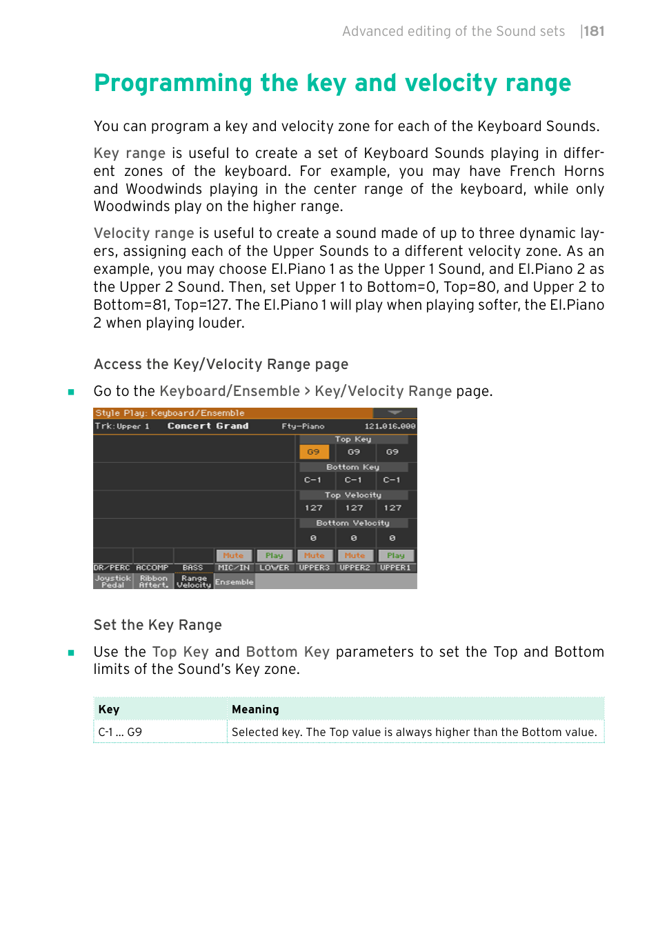 Programming the key and velocity range | KORG PA4X 76 User Manual | Page 185 / 1074