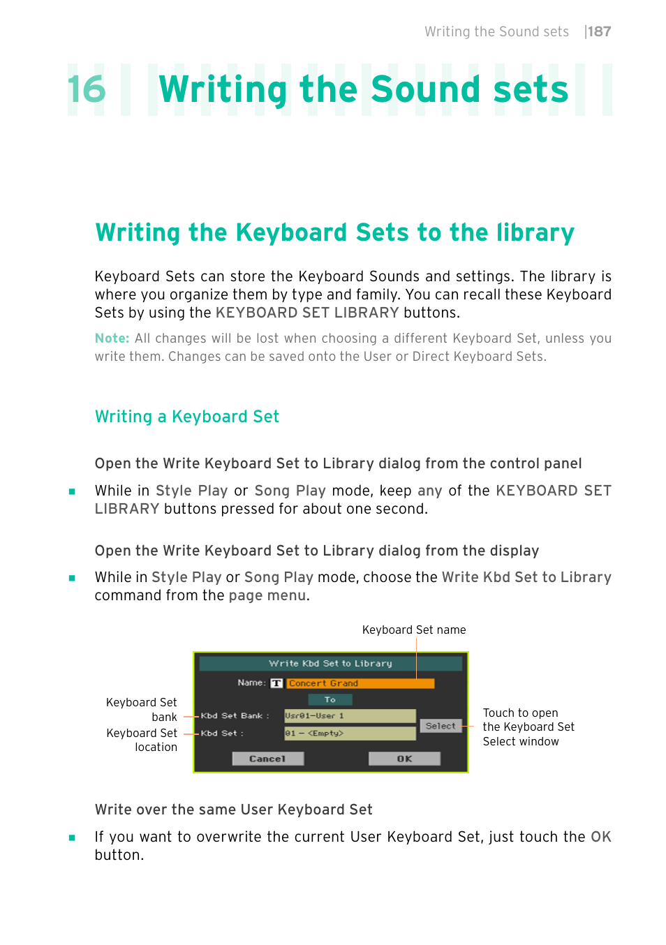 Writing the sound sets, Writing the keyboard sets to the library, 16 writing the sound sets | KORG PA4X 76 User Manual | Page 191 / 1074