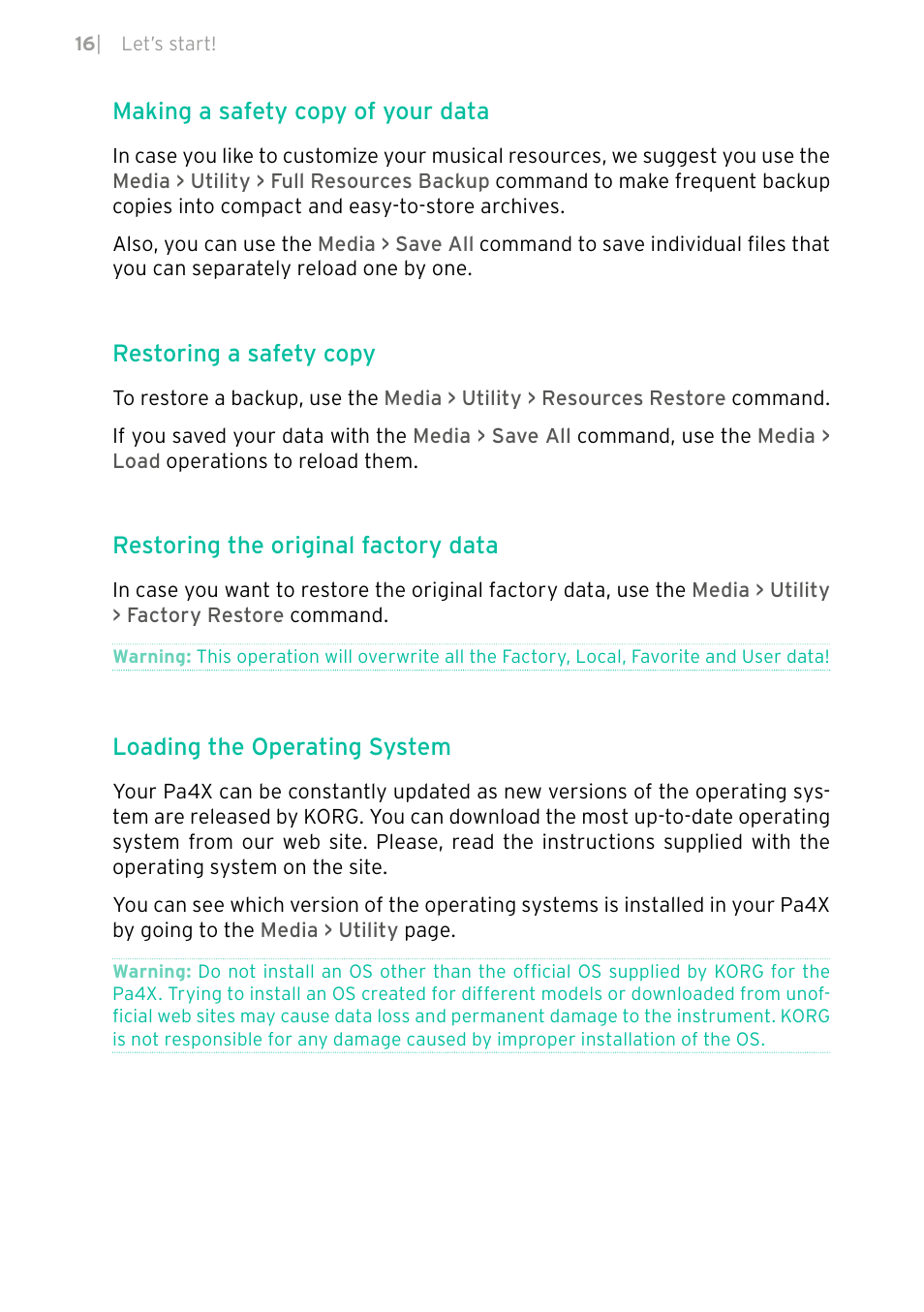 Making a safety copy of your data, Restoring a safety copy, Restoring the original factory data | Loading the operating system | KORG PA4X 76 User Manual | Page 20 / 1074
