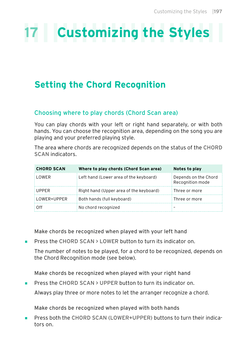 Customizing the styles, Setting the chord recognition, 17 customizing the styles | Choosing where to play chords (chord scan area) | KORG PA4X 76 User Manual | Page 201 / 1074