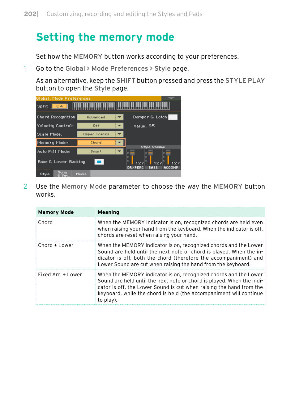 Setting the memory mode, 202 setting the memory mode | KORG PA4X 76 User Manual | Page 206 / 1074