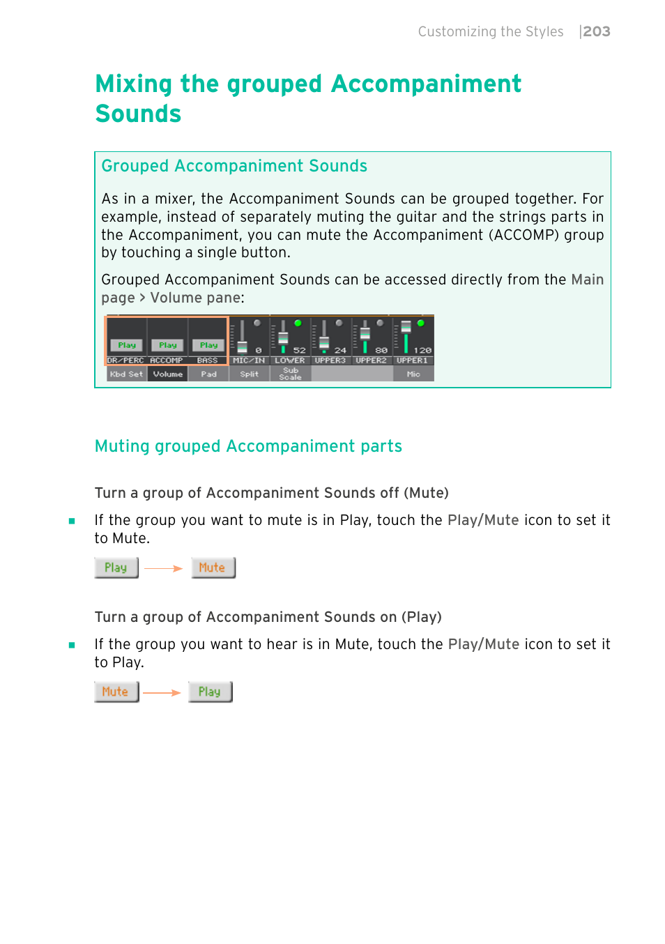 Mixing the grouped accompaniment sounds, 203 mixing the grouped accompaniment sounds | KORG PA4X 76 User Manual | Page 207 / 1074