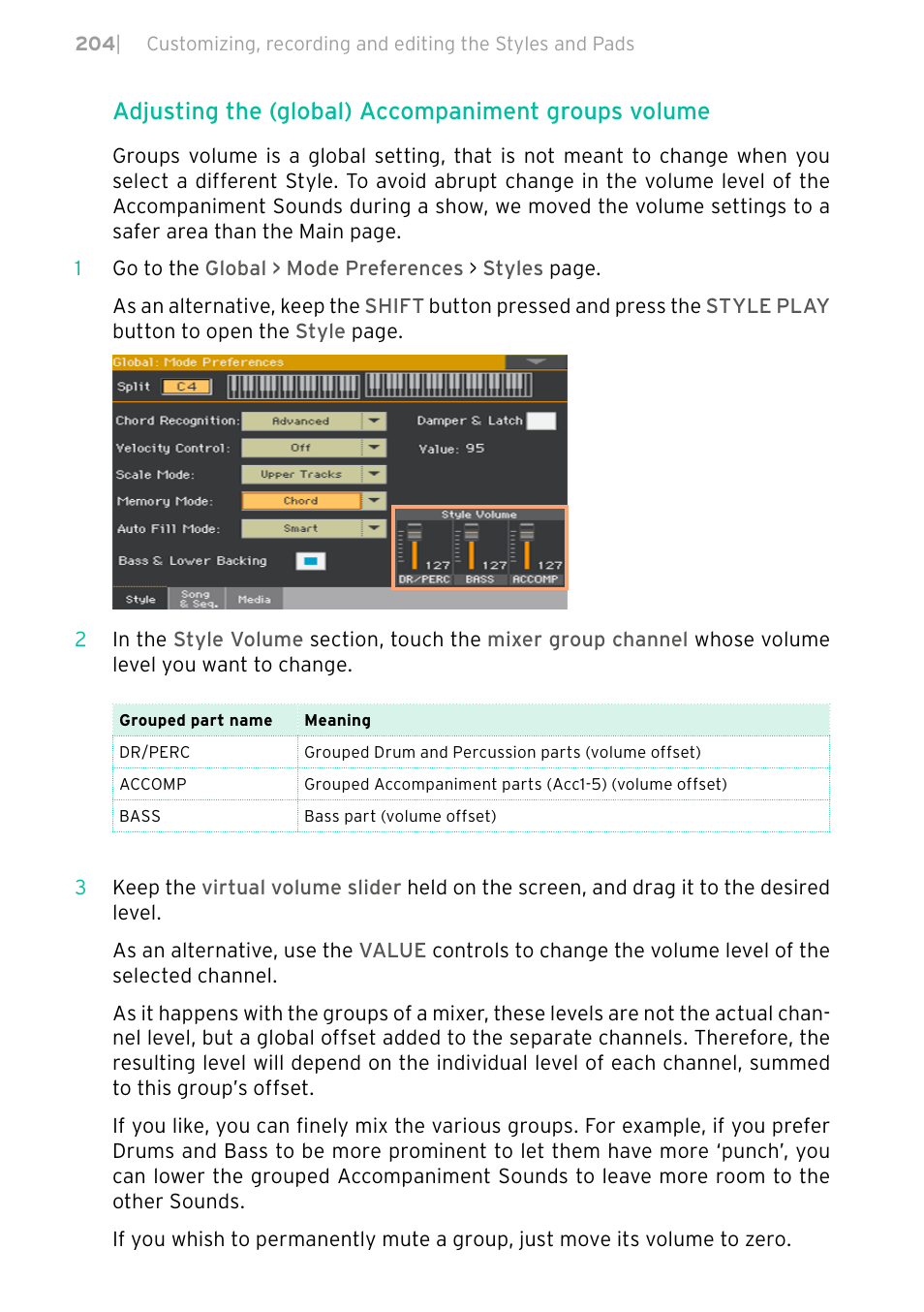 Adjusting the (global) accompaniment groups volume | KORG PA4X 76 User Manual | Page 208 / 1074