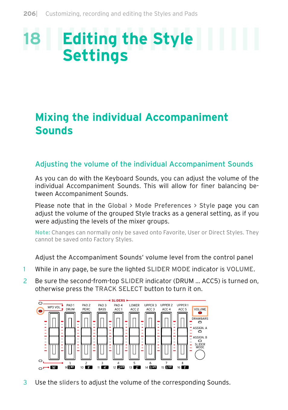 Editing the style settings, Mixing the individual accompaniment sounds, 206 mixing the individual accompaniment sounds | 18 editing the style settings | KORG PA4X 76 User Manual | Page 210 / 1074