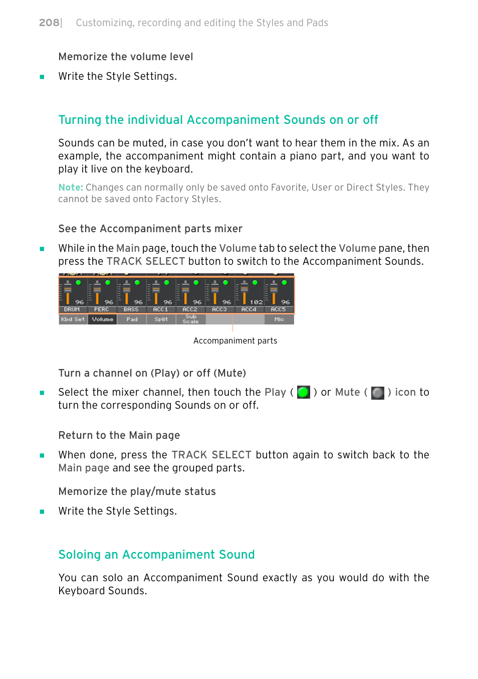 Soloing an accompaniment sound | KORG PA4X 76 User Manual | Page 212 / 1074