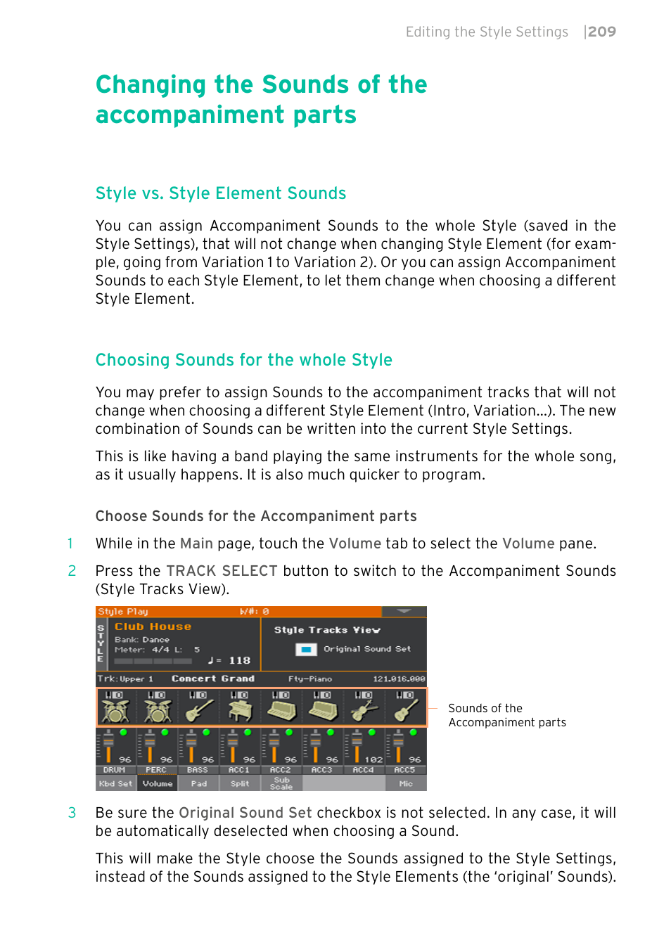 Changing the sounds of the accompaniment parts, 209 changing the sounds of the accompaniment parts | KORG PA4X 76 User Manual | Page 213 / 1074