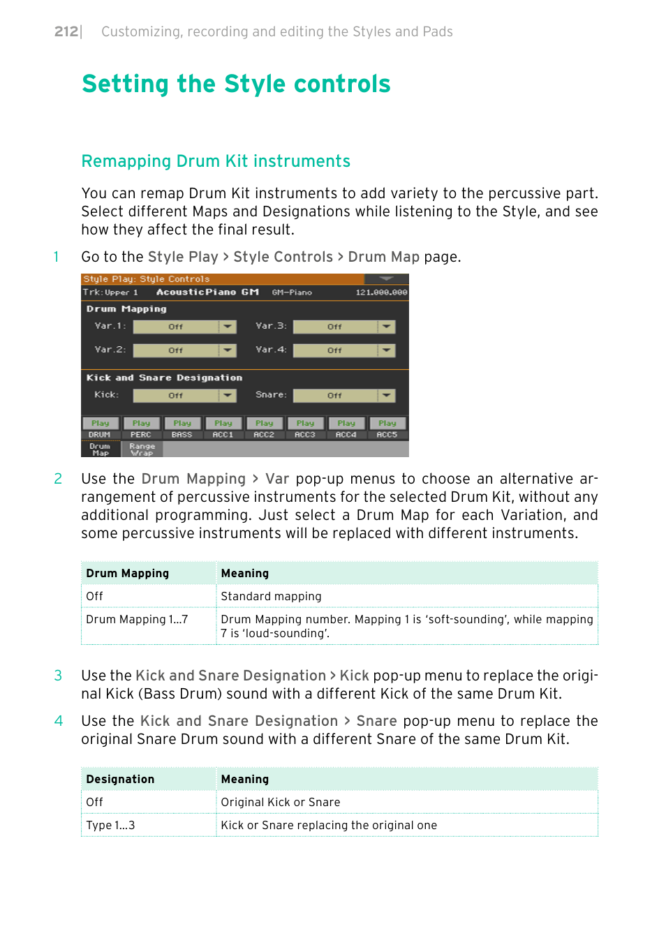 Setting the style controls, Remapping drum kit instruments | KORG PA4X 76 User Manual | Page 216 / 1074