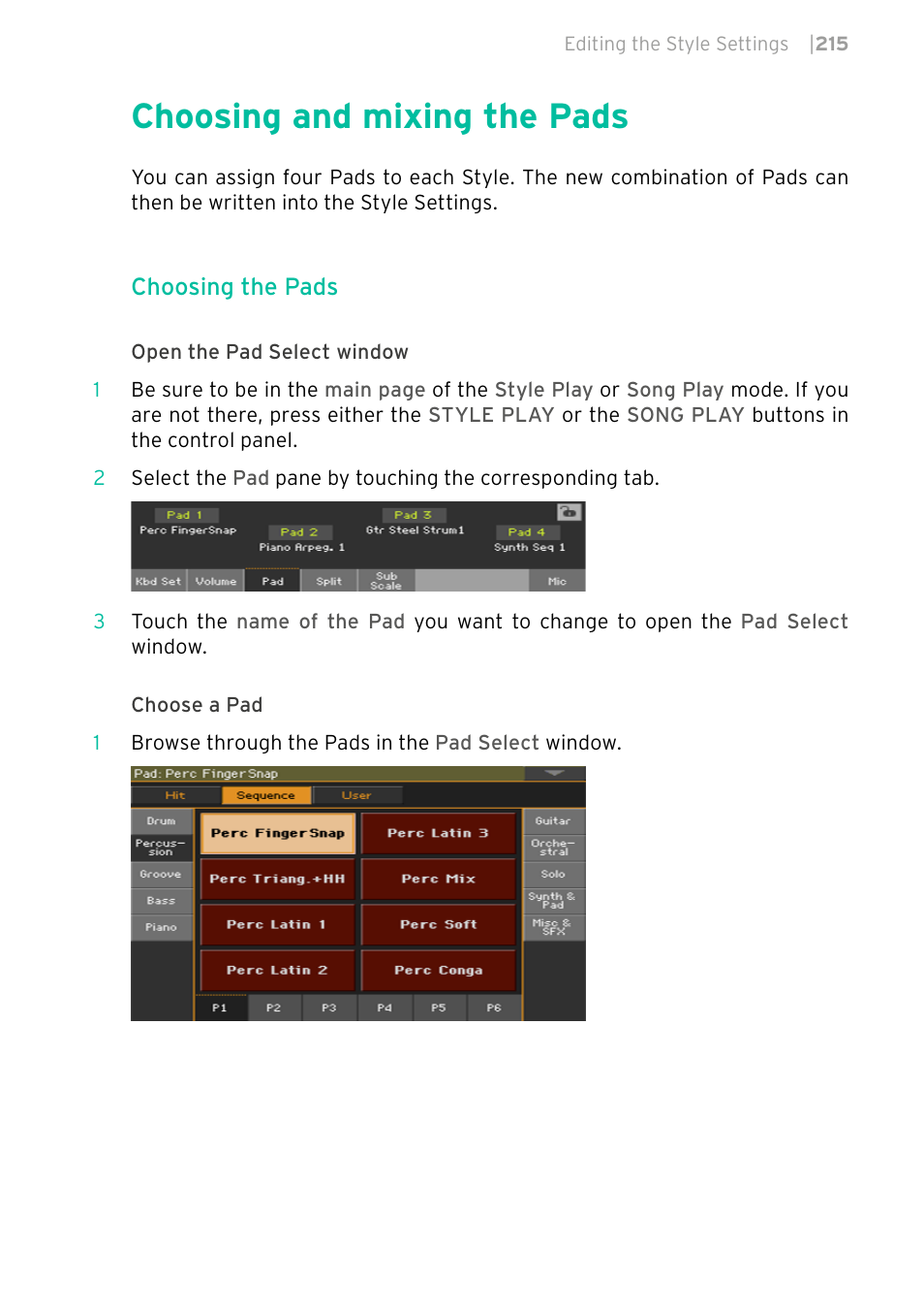 Choosing and mixing the pads, Choosing the pads | KORG PA4X 76 User Manual | Page 219 / 1074