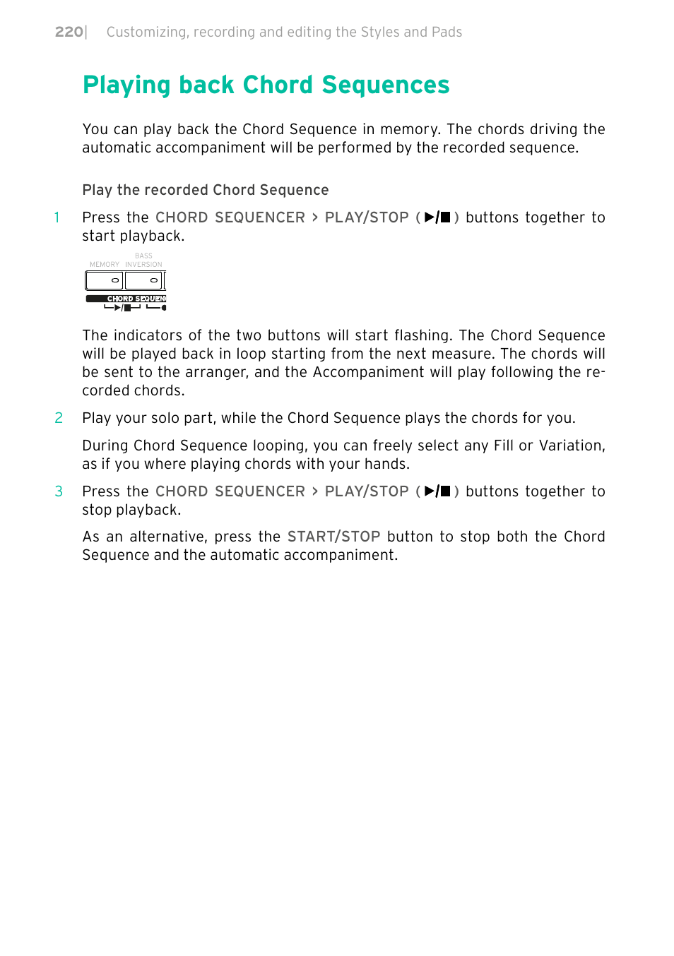 Playing back chord sequences, 220 playing back chord sequences | KORG PA4X 76 User Manual | Page 224 / 1074