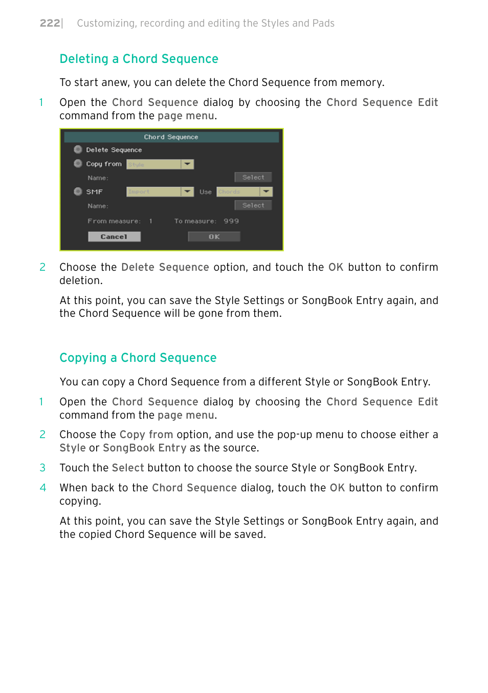 Deleting a chord sequence, Copying a chord sequence | KORG PA4X 76 User Manual | Page 226 / 1074