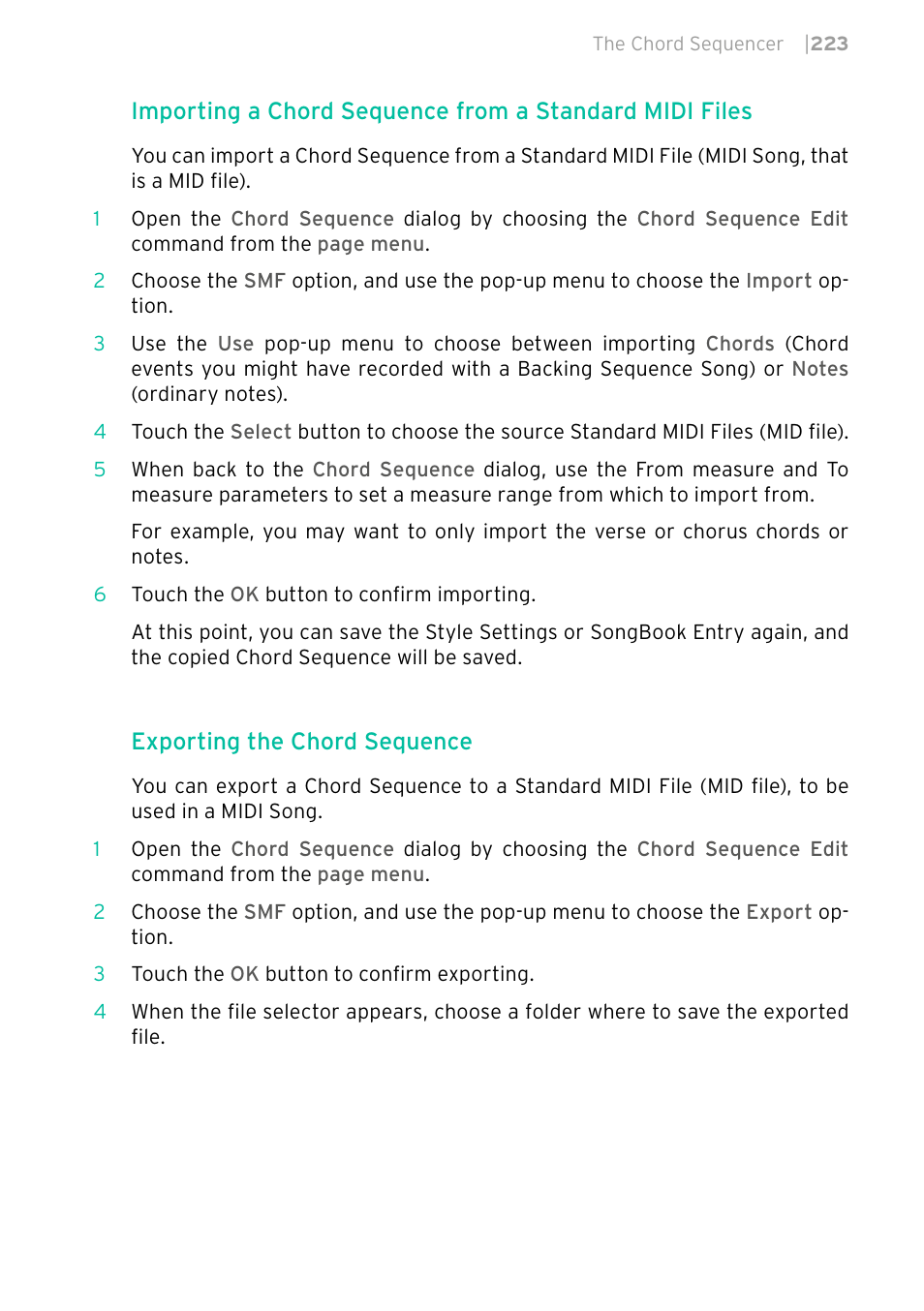 Exporting the chord sequence | KORG PA4X 76 User Manual | Page 227 / 1074