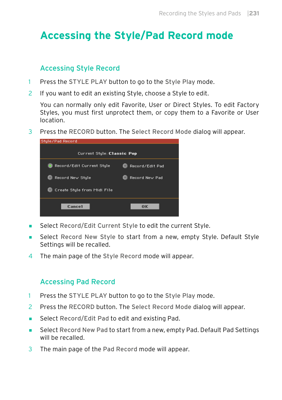 Accessing the style/pad record mode, Accessing style record, Accessing pad record | KORG PA4X 76 User Manual | Page 235 / 1074