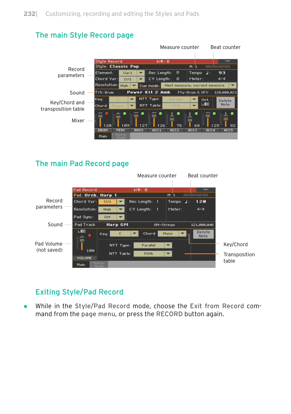 The main style record page, The main pad record page, Exiting style/pad record | KORG PA4X 76 User Manual | Page 236 / 1074