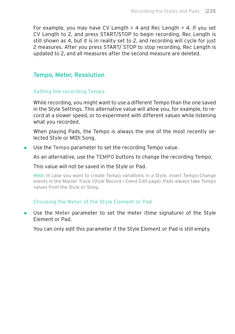 Tempo, meter, resolution | KORG PA4X 76 User Manual | Page 239 / 1074