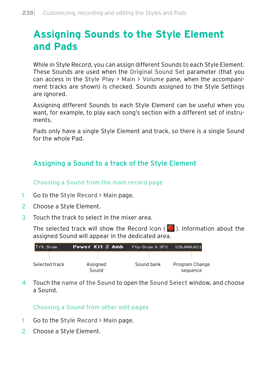 Assigning sounds to the style element and pads, 238 assigning sounds to the style element and pads, Assigning a sound to a track of the style element | KORG PA4X 76 User Manual | Page 242 / 1074