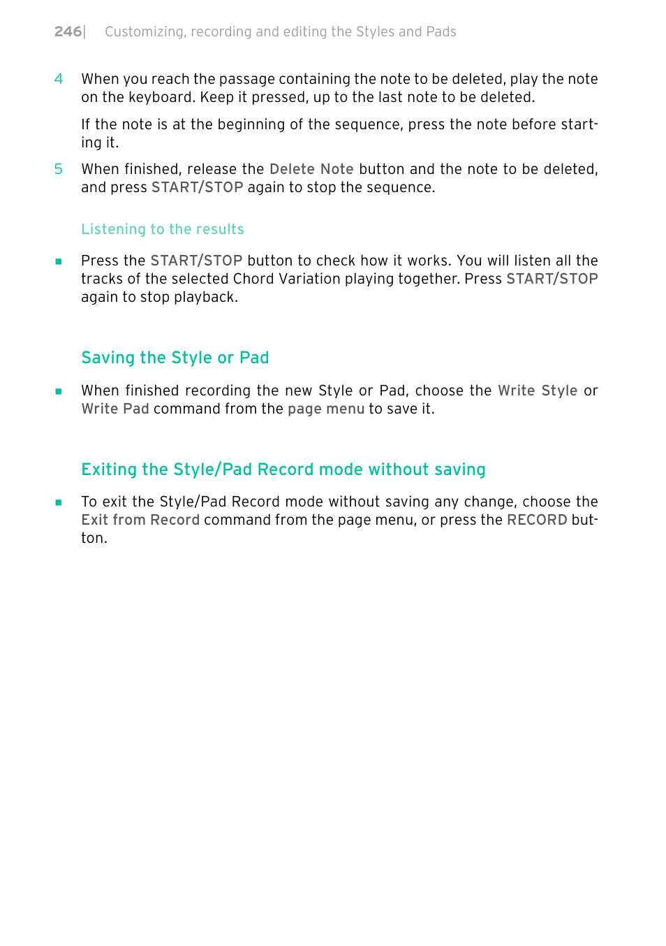 Saving the style or pad, Exiting the style/pad record mode without saving | KORG PA4X 76 User Manual | Page 250 / 1074