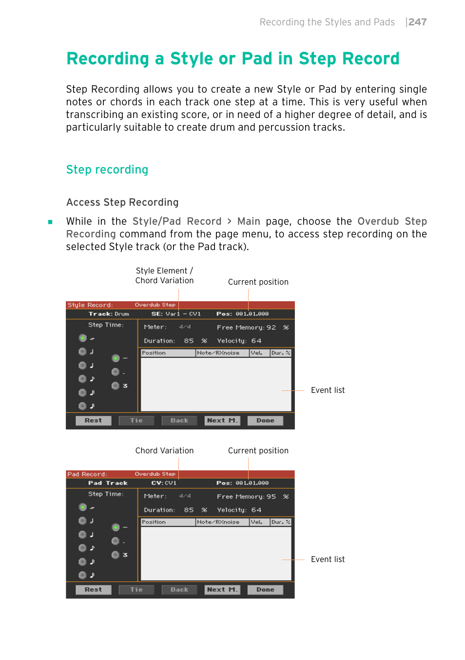 Recording a style or pad in step record, 247 recording a style or pad in step record, Step recording | KORG PA4X 76 User Manual | Page 251 / 1074