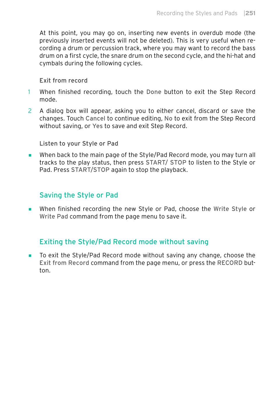 Saving the style or pad, Exiting the style/pad record mode without saving | KORG PA4X 76 User Manual | Page 255 / 1074
