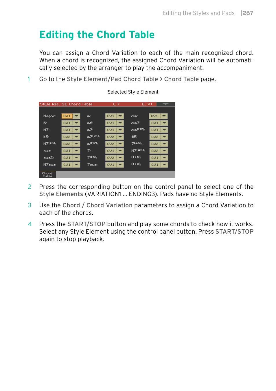 Editing the chord table, 267 editing the chord table | KORG PA4X 76 User Manual | Page 271 / 1074