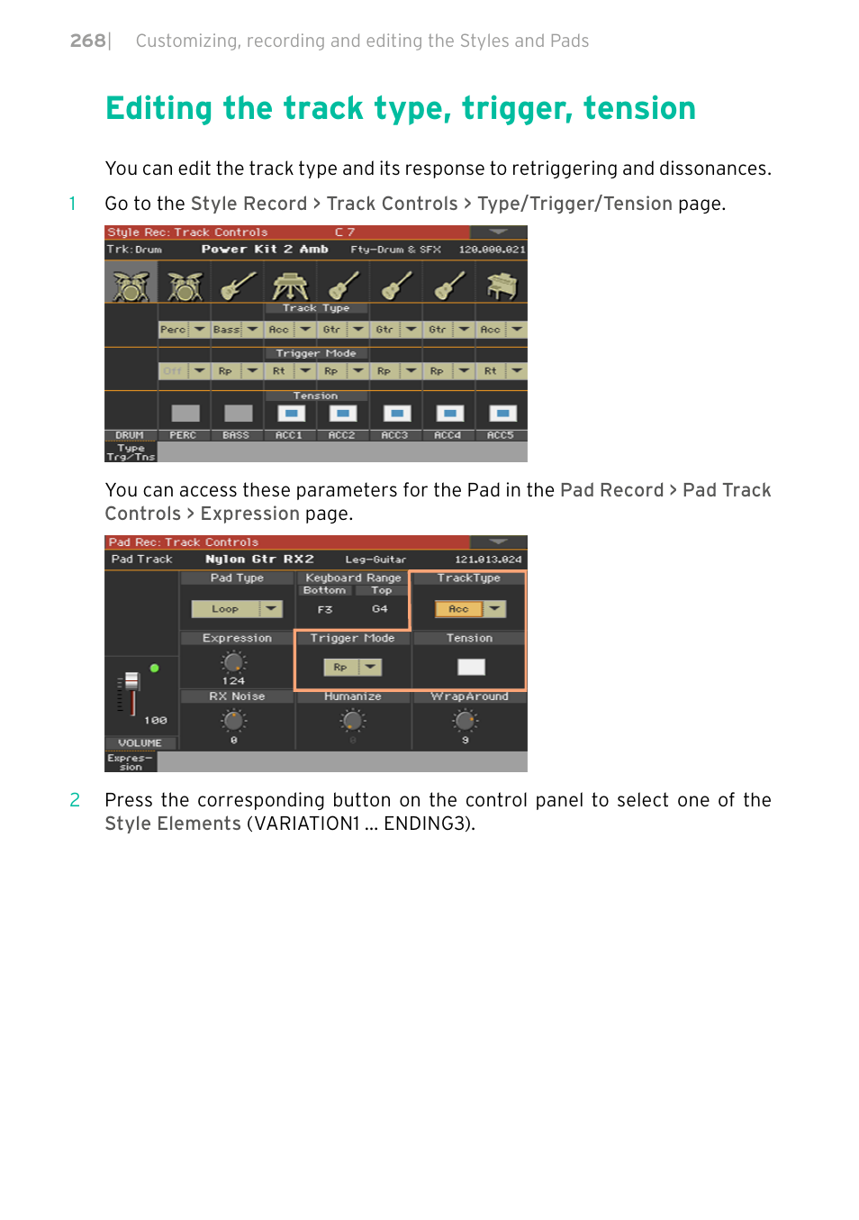 Editing the track type, trigger, tension, 268 editing the track type, trigger, tension | KORG PA4X 76 User Manual | Page 272 / 1074