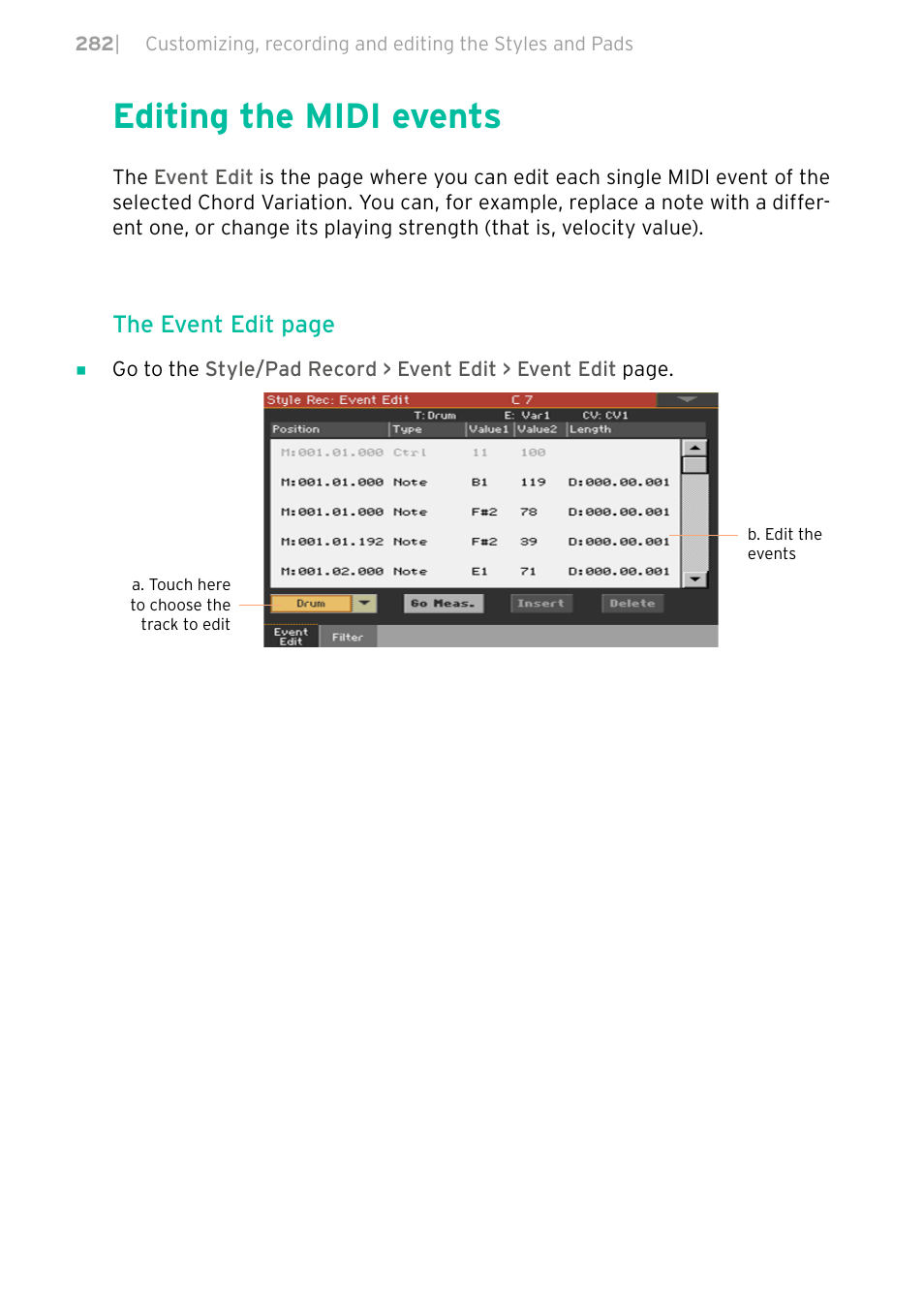 Editing the midi events, 282 editing the midi events, The event edit page | KORG PA4X 76 User Manual | Page 286 / 1074