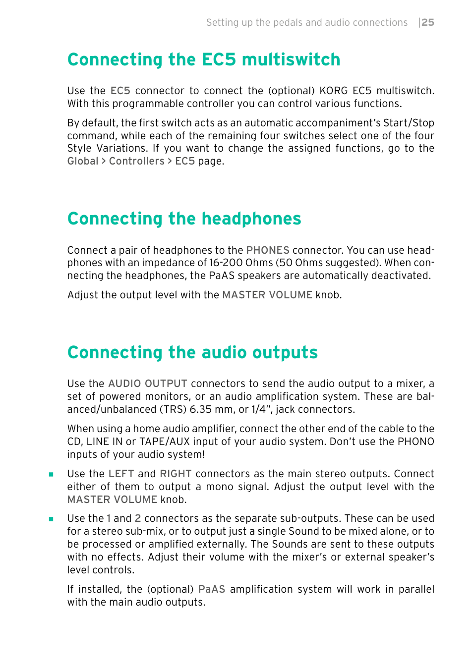 Connecting the ec5 multiswitch, Connecting the headphones, Connecting the audio outputs | KORG PA4X 76 User Manual | Page 29 / 1074