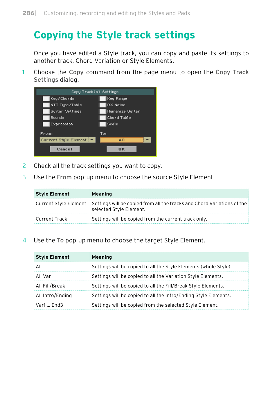 Copying the style track settings, 286 copying the style track settings | KORG PA4X 76 User Manual | Page 290 / 1074