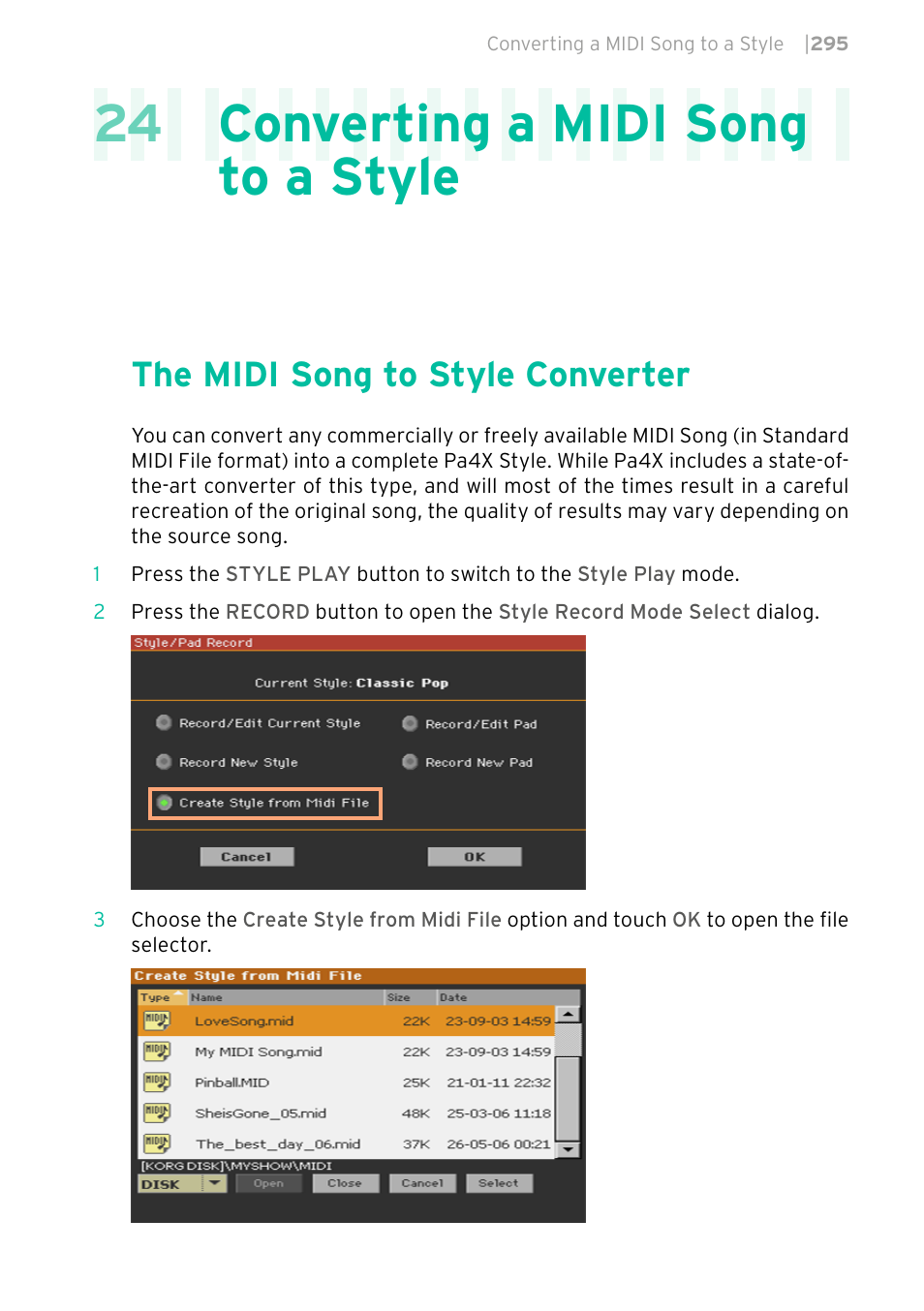 Converting a midi song to a style, The midi song to style converter, 295 the midi song to style converter | 24 converting a midi song to a style | KORG PA4X 76 User Manual | Page 299 / 1074