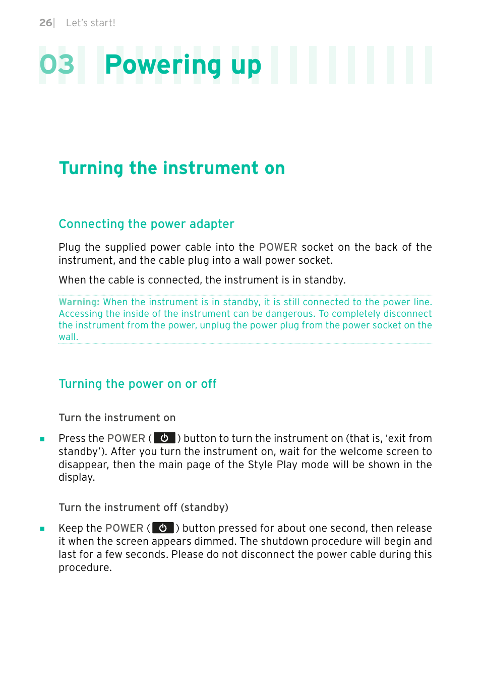 Powering up, Turning the instrument on, 03 powering up | KORG PA4X 76 User Manual | Page 30 / 1074