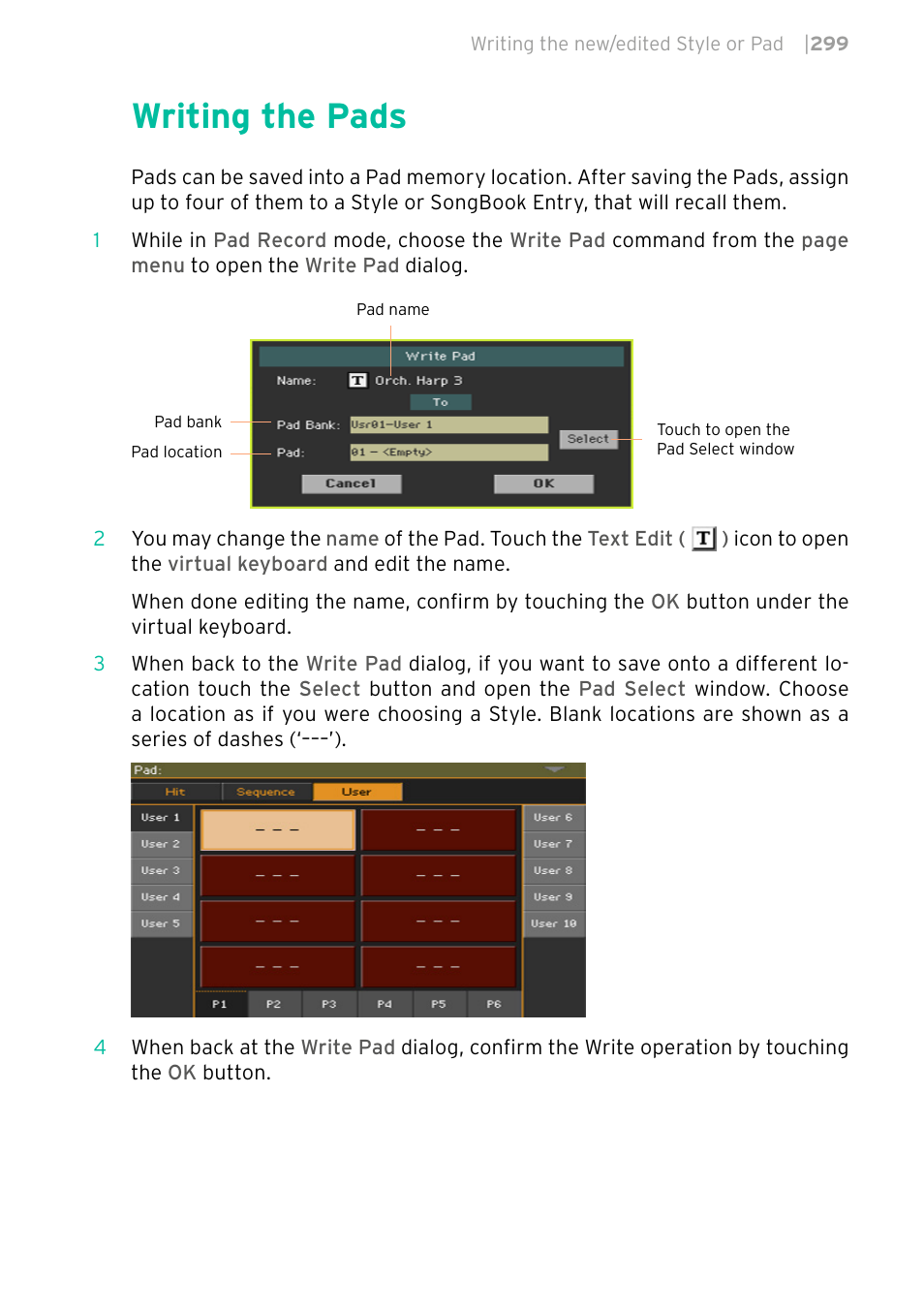 Writing the pads, 299 writing the pads | KORG PA4X 76 User Manual | Page 303 / 1074