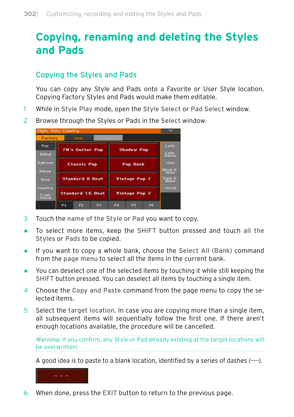 Copying, renaming and deleting the styles and pads, Copying the styles and pads | KORG PA4X 76 User Manual | Page 306 / 1074