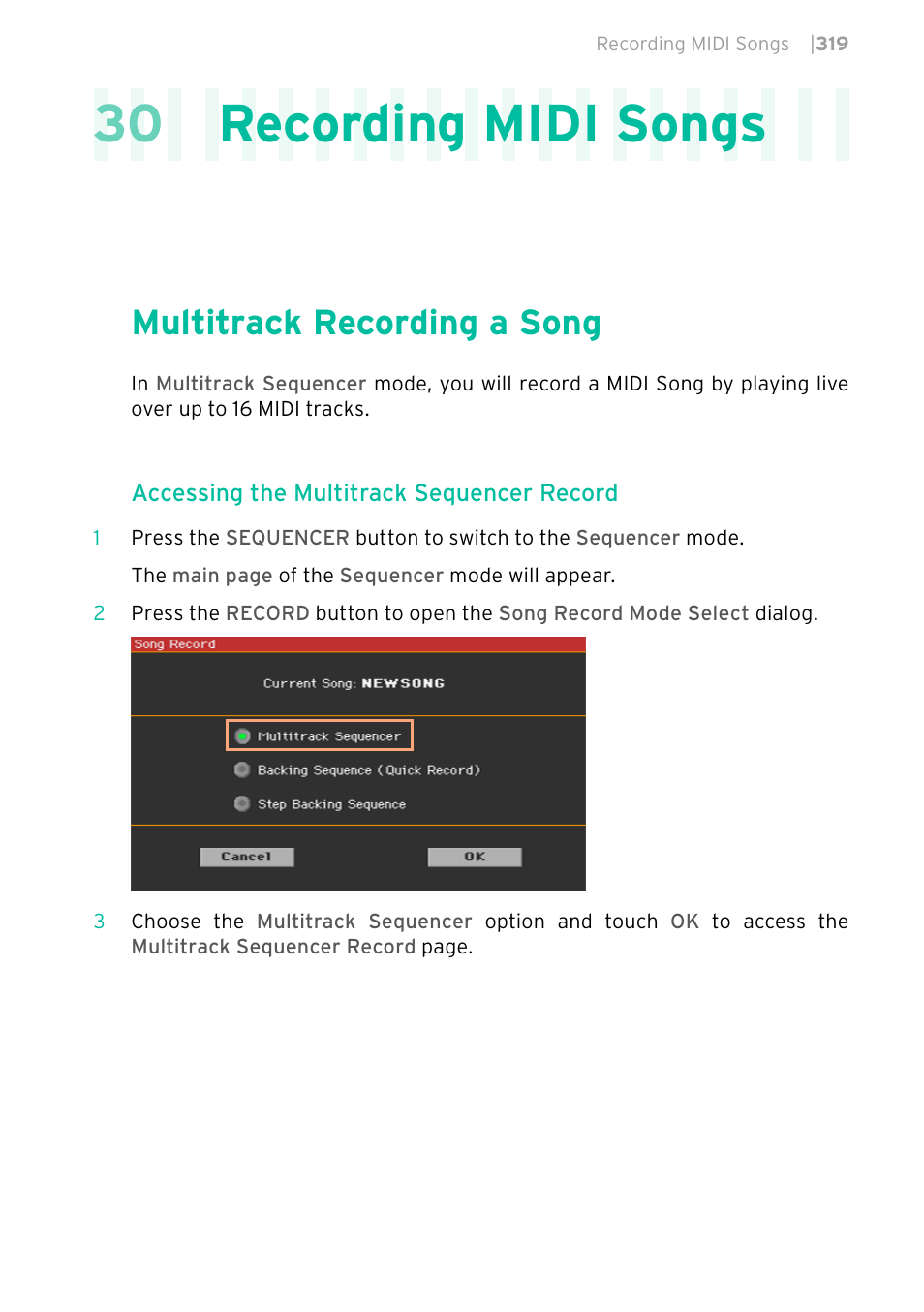 Recording midi songs, Multitrack recording a song, 30 recording midi songs | KORG PA4X 76 User Manual | Page 323 / 1074