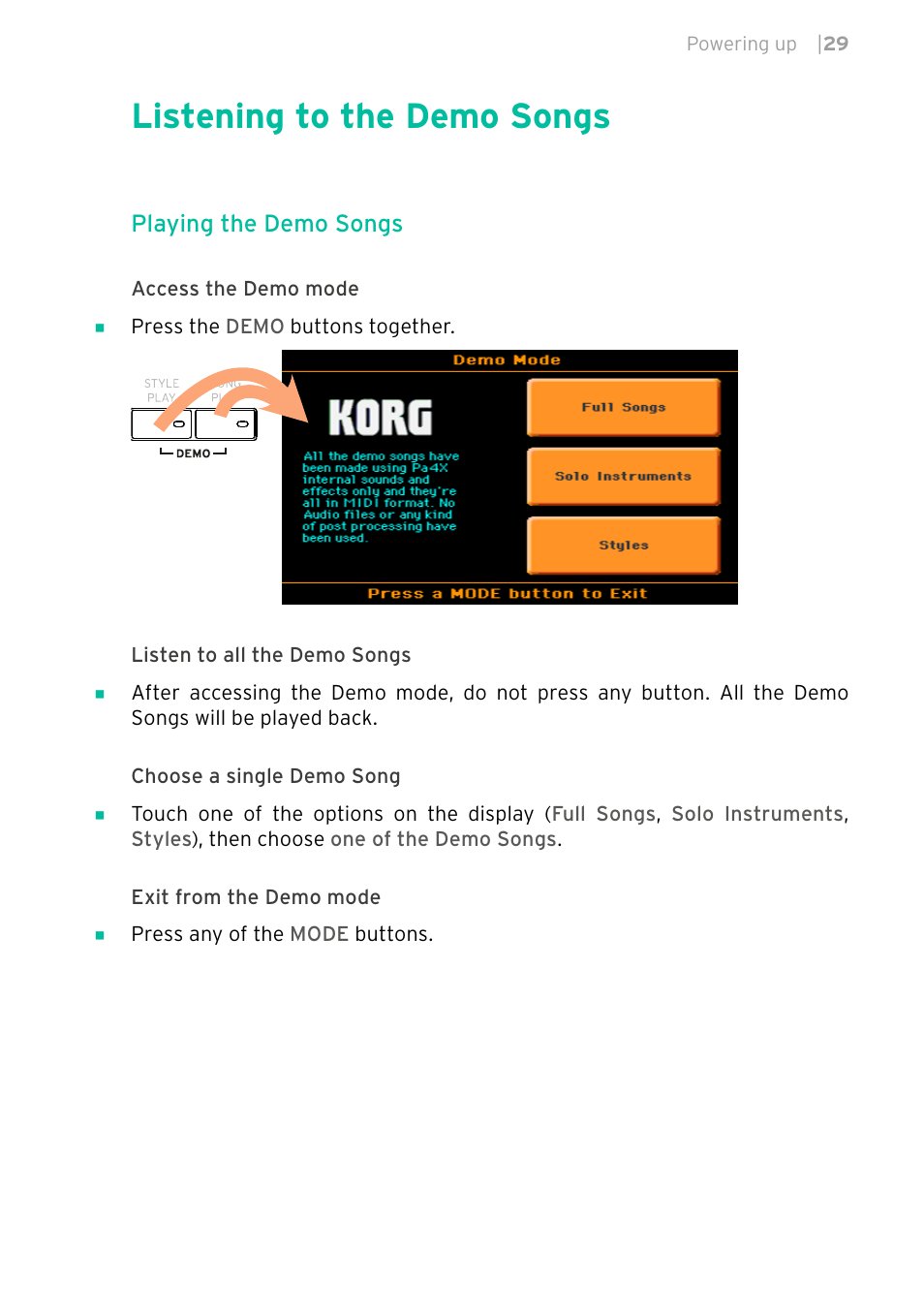 Listening to the demo songs | KORG PA4X 76 User Manual | Page 33 / 1074