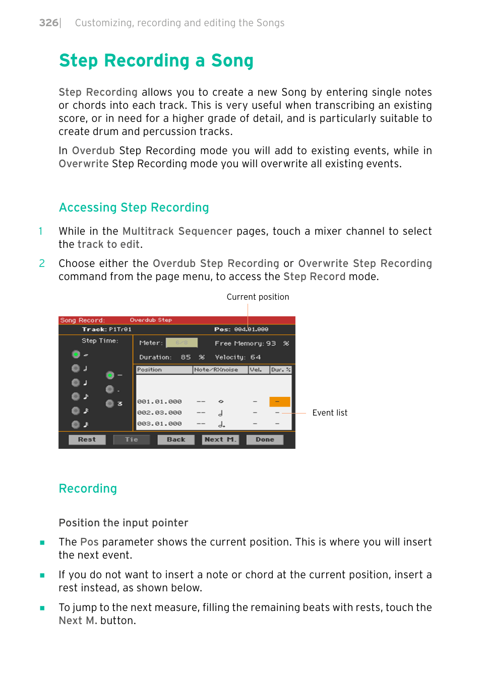 Step recording a song, 326 step recording a song, Accessing step recording | Recording | KORG PA4X 76 User Manual | Page 330 / 1074