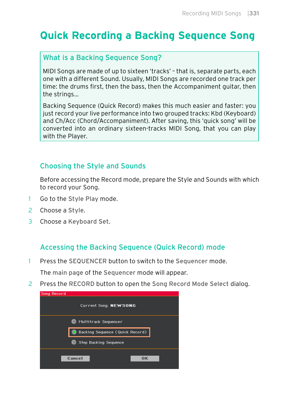 Quick recording a backing sequence song | KORG PA4X 76 User Manual | Page 335 / 1074