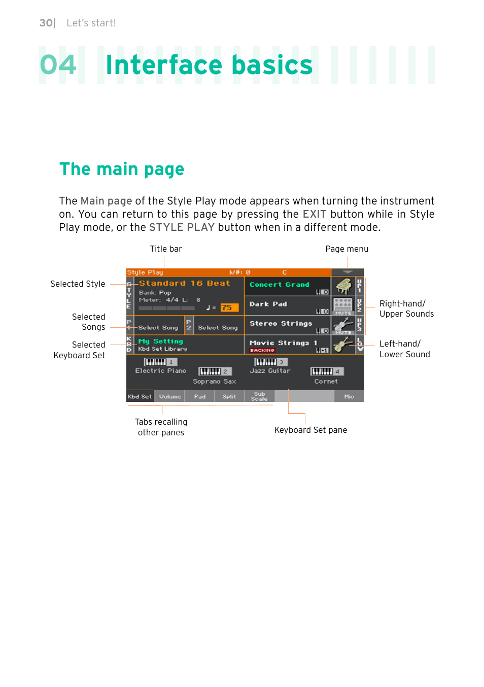 Interface basics, 04 interface basics, The main page | KORG PA4X 76 User Manual | Page 34 / 1074