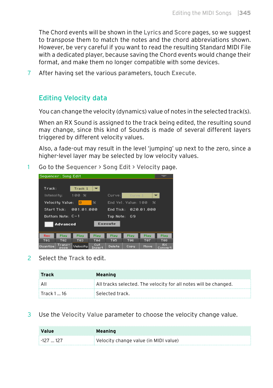 Editing velocity data | KORG PA4X 76 User Manual | Page 349 / 1074
