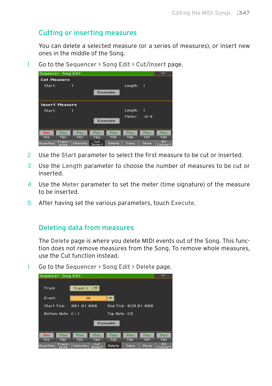 Cutting or inserting measures, Deleting data from measures | KORG PA4X 76 User Manual | Page 351 / 1074
