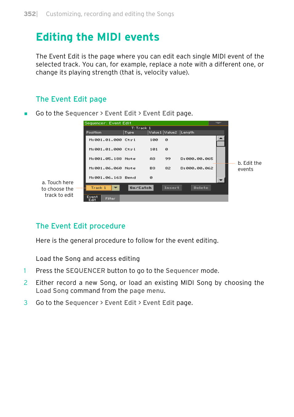 Editing the midi events, 352 editing the midi events, The event edit page | The event edit procedure | KORG PA4X 76 User Manual | Page 356 / 1074