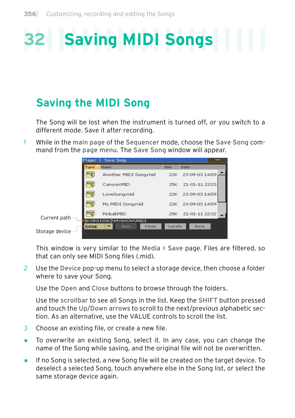 Saving midi songs, Saving the midi song, 356 saving the midi song | 32 saving midi songs | KORG PA4X 76 User Manual | Page 360 / 1074