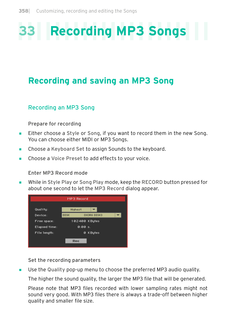 Recording mp3 songs, Recording and saving an mp3 song, 358 recording and saving an mp3 song | 33 recording mp3 songs | KORG PA4X 76 User Manual | Page 362 / 1074