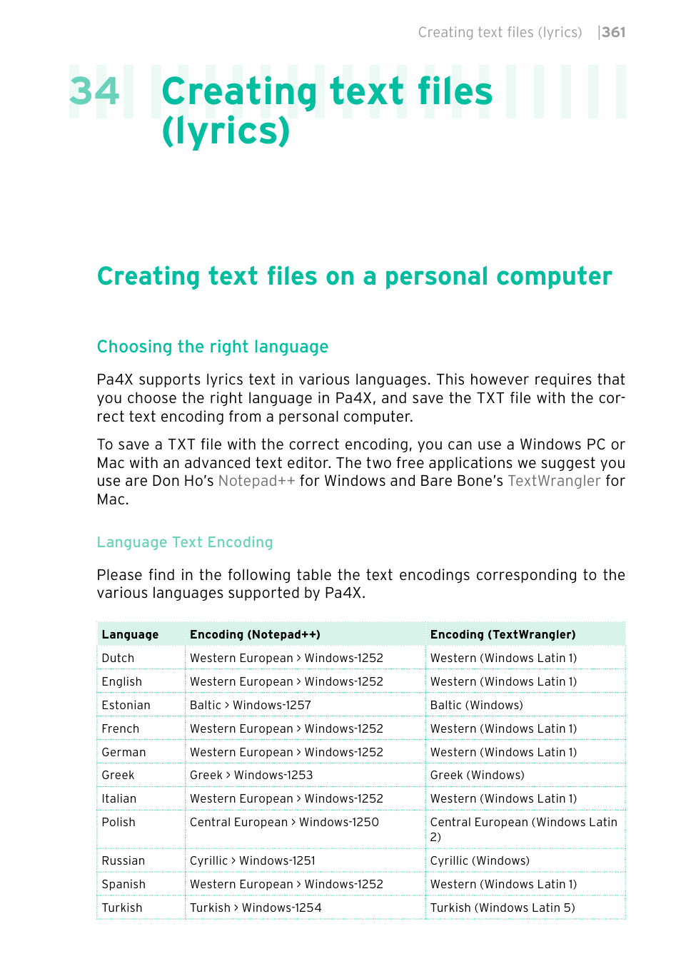 Creating text files (lyrics), Creating text files on a personal computer, 34 creating text files (lyrics) | Choosing the right language | KORG PA4X 76 User Manual | Page 365 / 1074